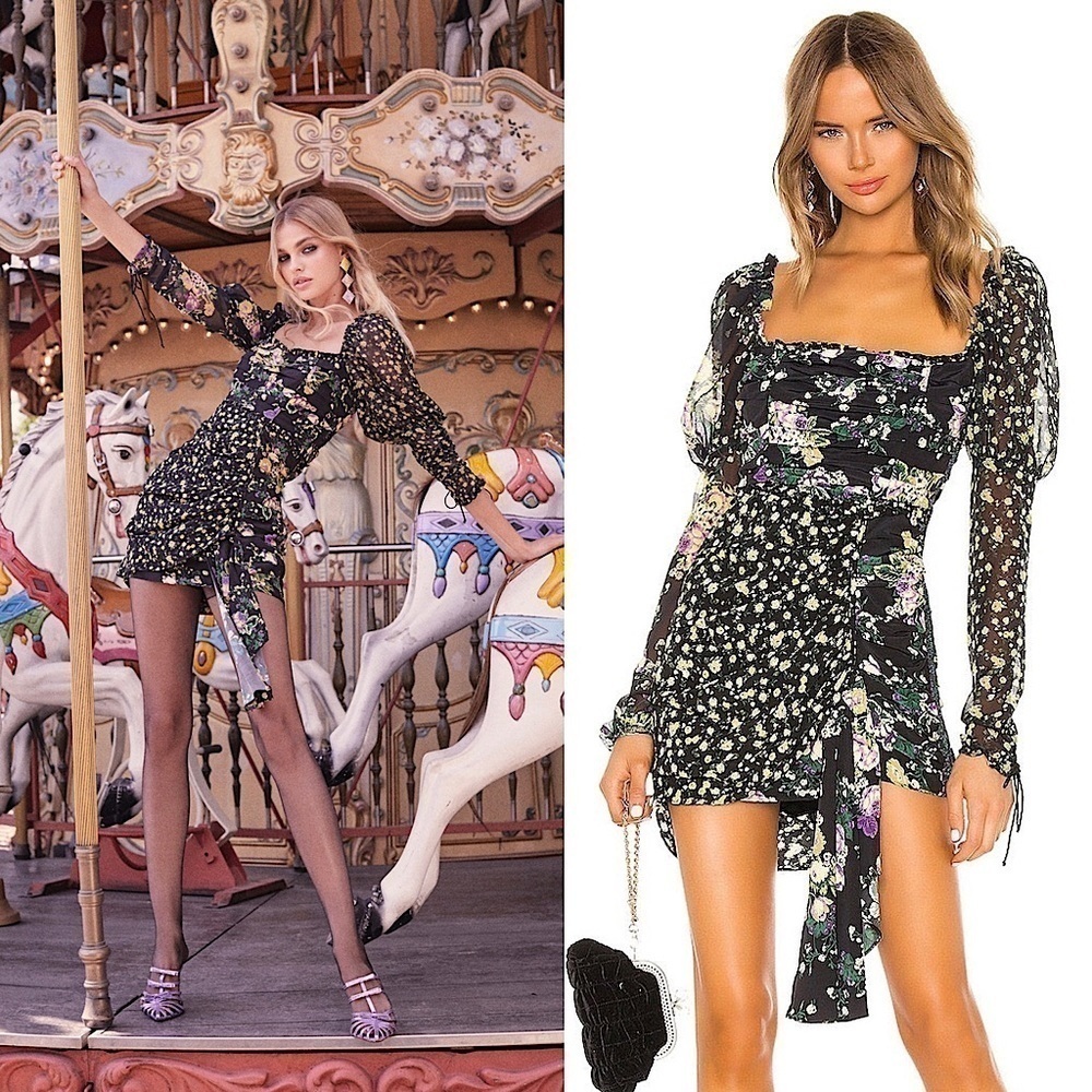 LOVE & LEMONS Floral Square Neck Puff Long Sleeve Ruched Pleated Draped Dress XS